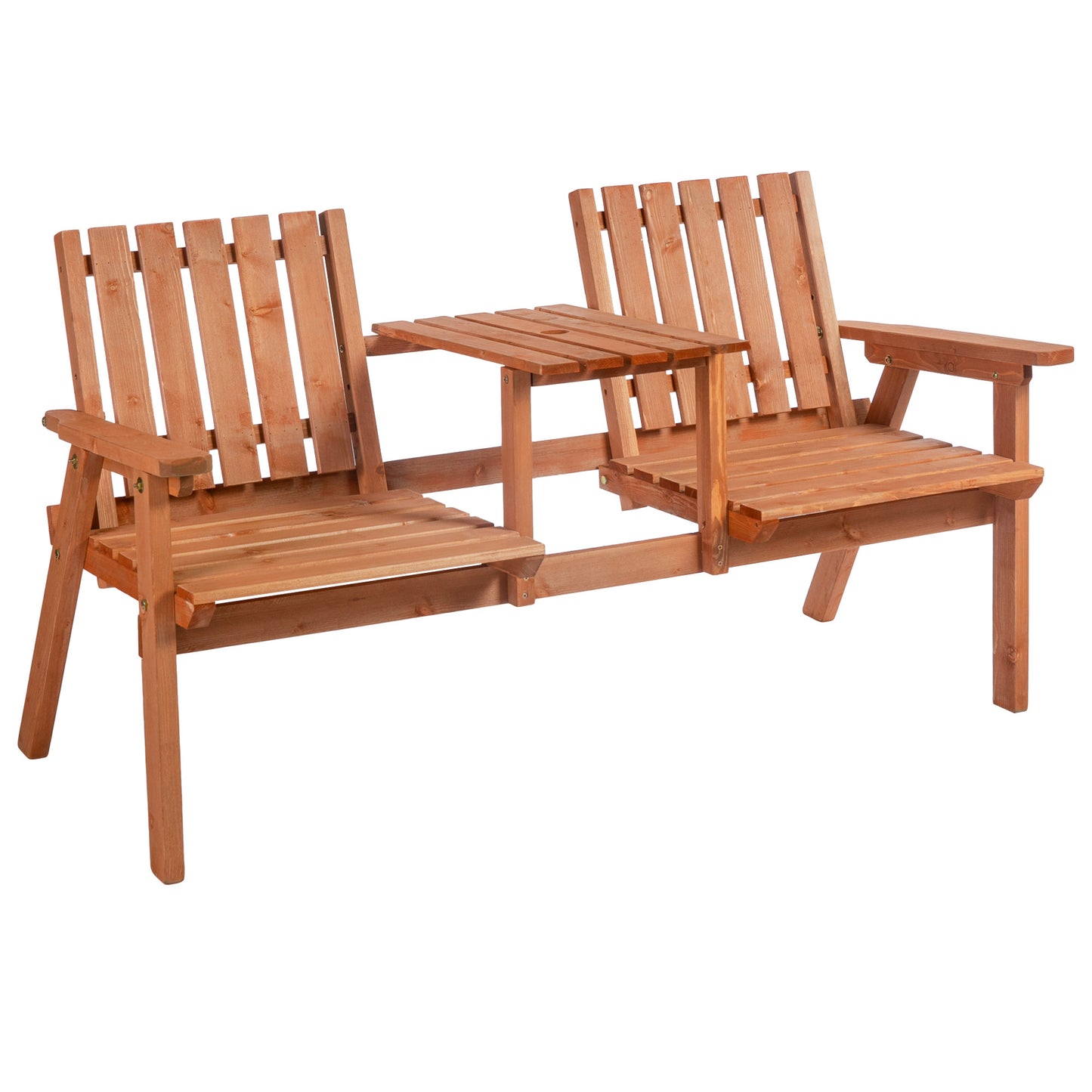 Garden Bench for 2 Persons with Middle Table and Umbrella Hole, 2-Seater Outdoor Wooden Bench with Slat Design, Orange
