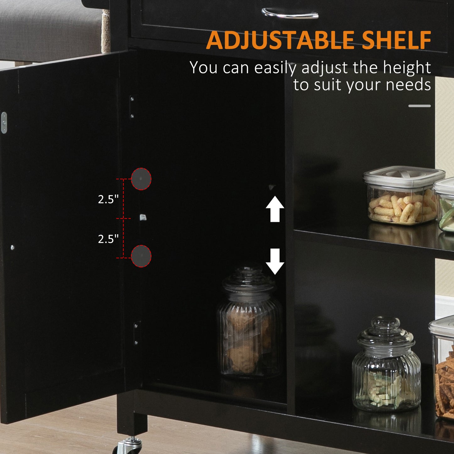 Rolling Kitchen Cart with Wood Top and Drawer, Kitchen Island on Wheels for Dining Room, Black
