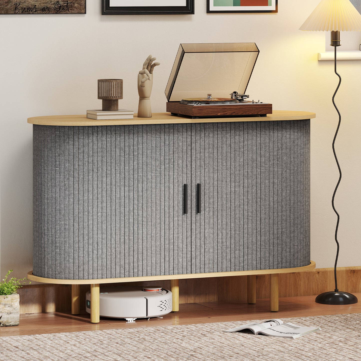 47" Buffet Cabinet with Tambour Sliding Doors, Fluted Sideboard with Storage Shelves and Wooden Legs, Grey