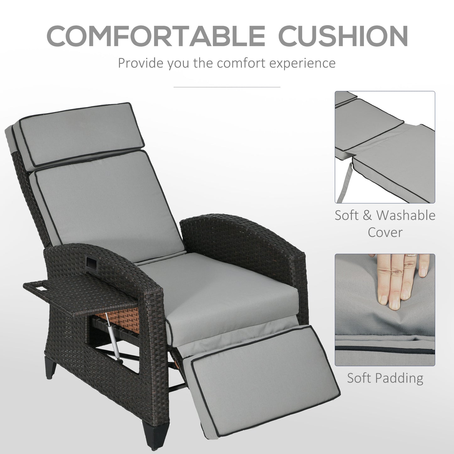 Outdoor Recliner Chair with Adjustable Backrest, Cushion, Side Tray, Black