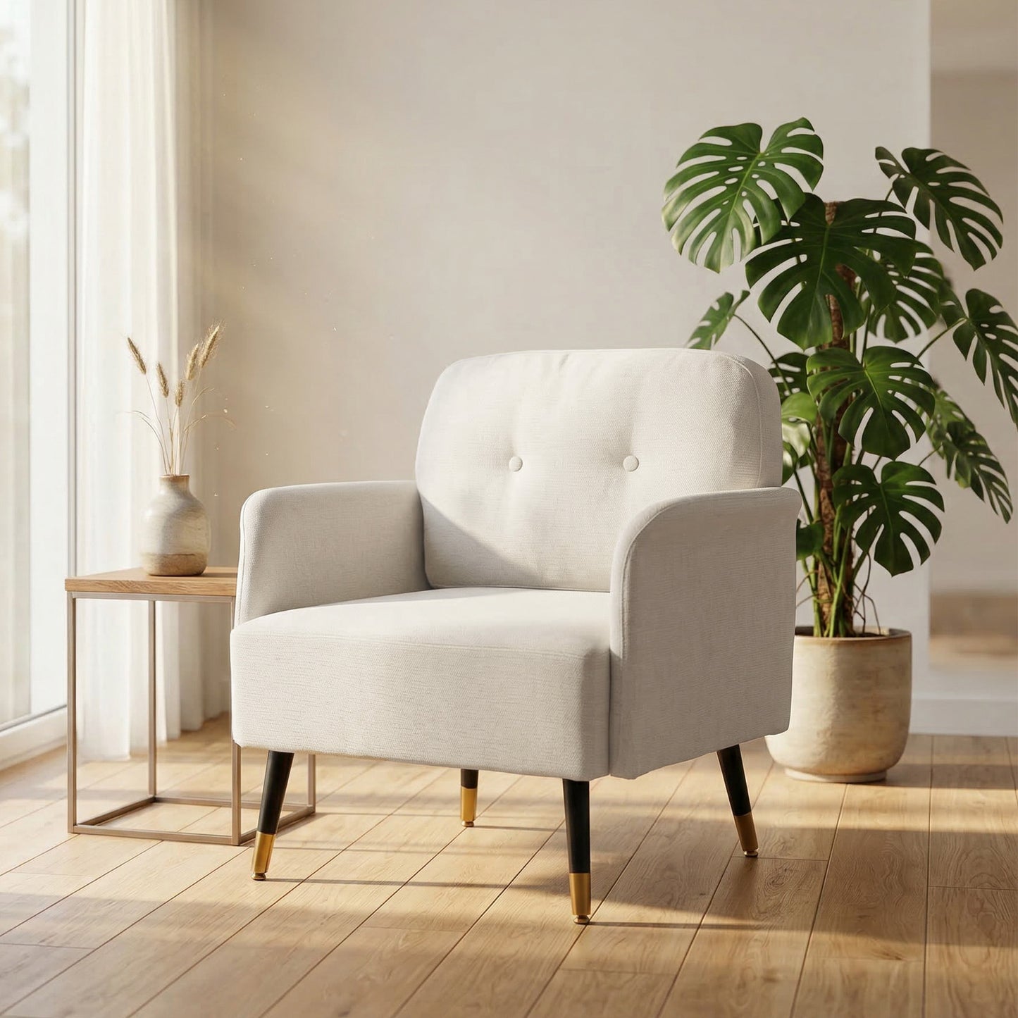 Accent Chair Modern Tufted with Metal Legs Upholstered Reading Armchair for Living Room Cream White