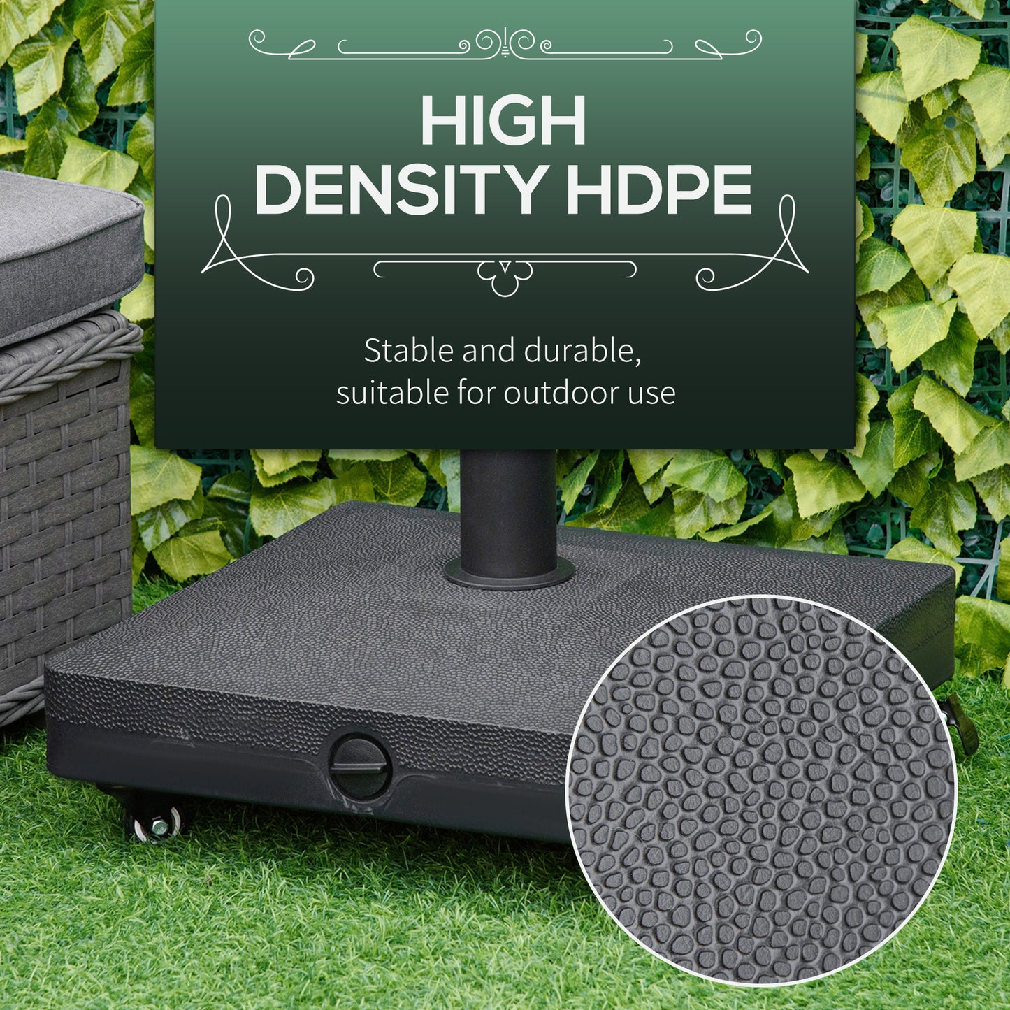 HDPE Square Parasol Base, Portable Umbrella Stand Weights for Cantilever Banana Parasol with Wheels, 35lbs with Water or 40lbs with Sand, for Φ0.75" to Φ1.5" Pole, Black