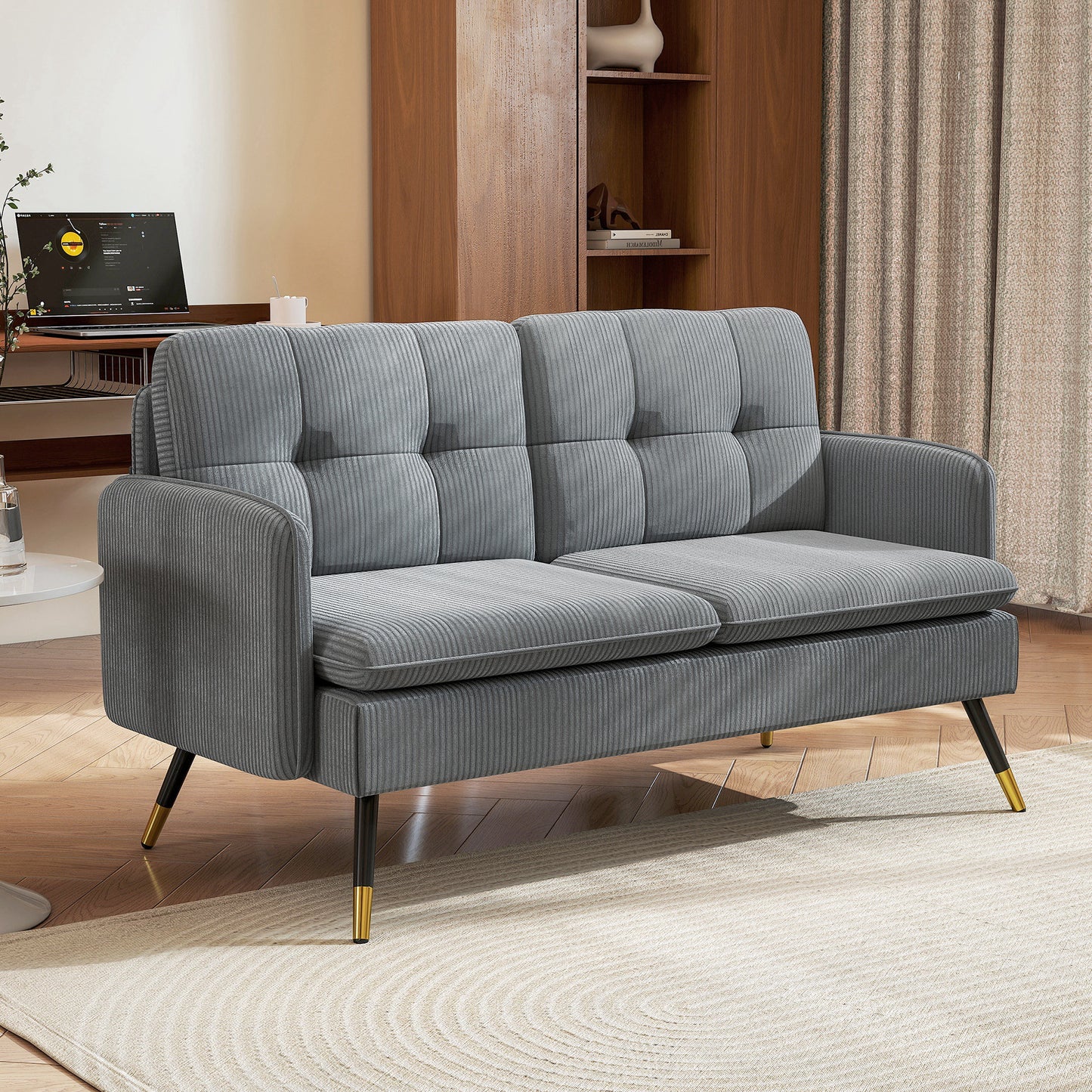 55" Loveseat Sofa, Corduroy Love Seat w/ S spring, Steel Legs and Button Tufting, Small Couch for Living Room, Dark Grey