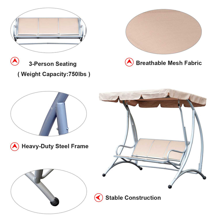 Beige 3-Seat Metal Swing Hammock with Canopy Cover