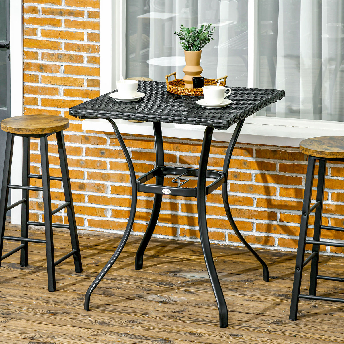 Patio Wicker Dining Table with Umbrella Hole, 34 Inch Outdoor PE Rattan Coffee Table with Plastic Board Under the Woven Table Top for Patio, Garden, Balcony, Mixed Brown - Black