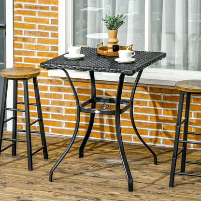 Patio Wicker Dining Table with Umbrella Hole, 34 Inch Outdoor PE Rattan Coffee Table with Plastic Board Under the Woven Table Top for Patio, Garden, Balcony, Mixed Brown - Black