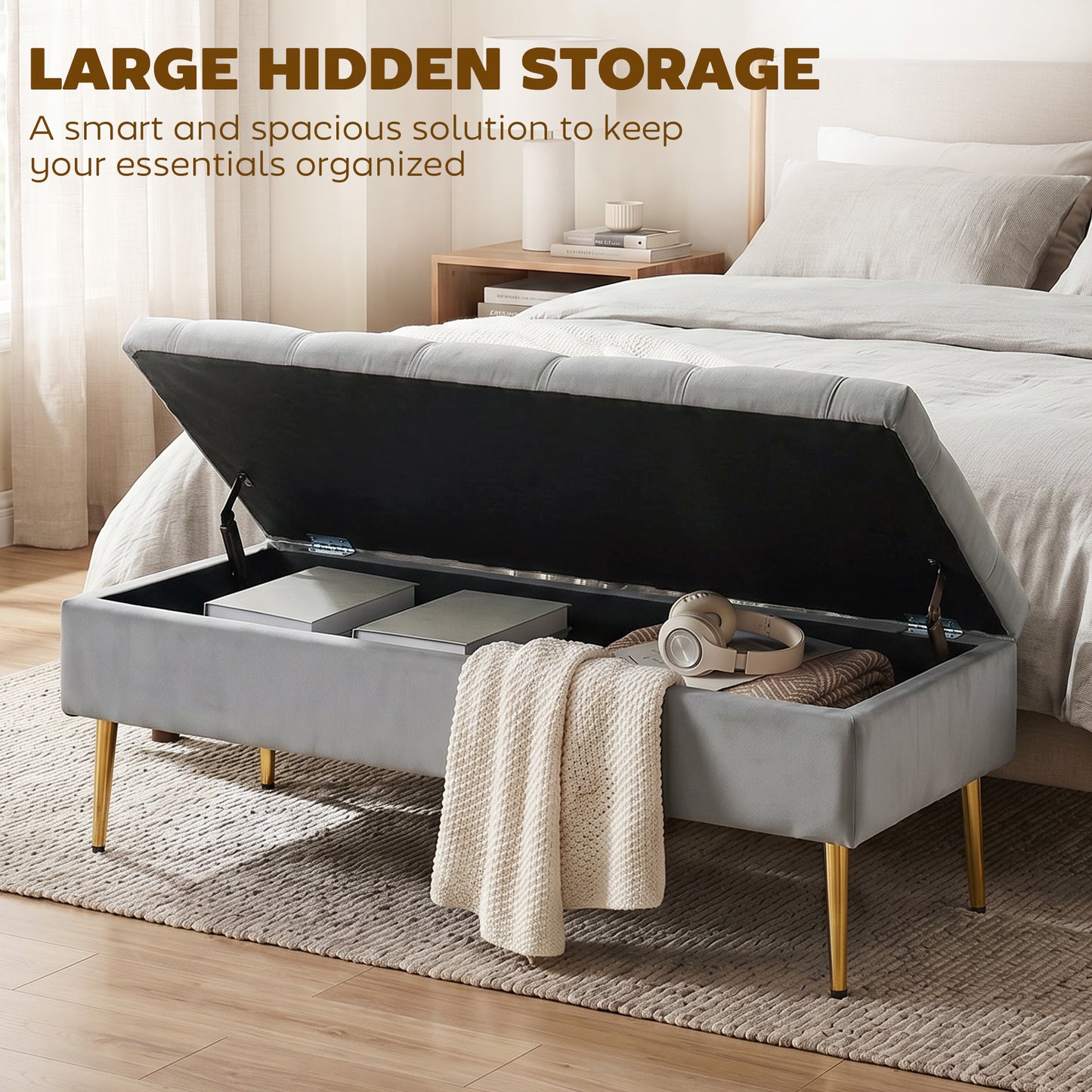 Upholstered Bedroom Bench with Gold Tone Metal Legs, Velvet Tufted and Thick Padding, Grey