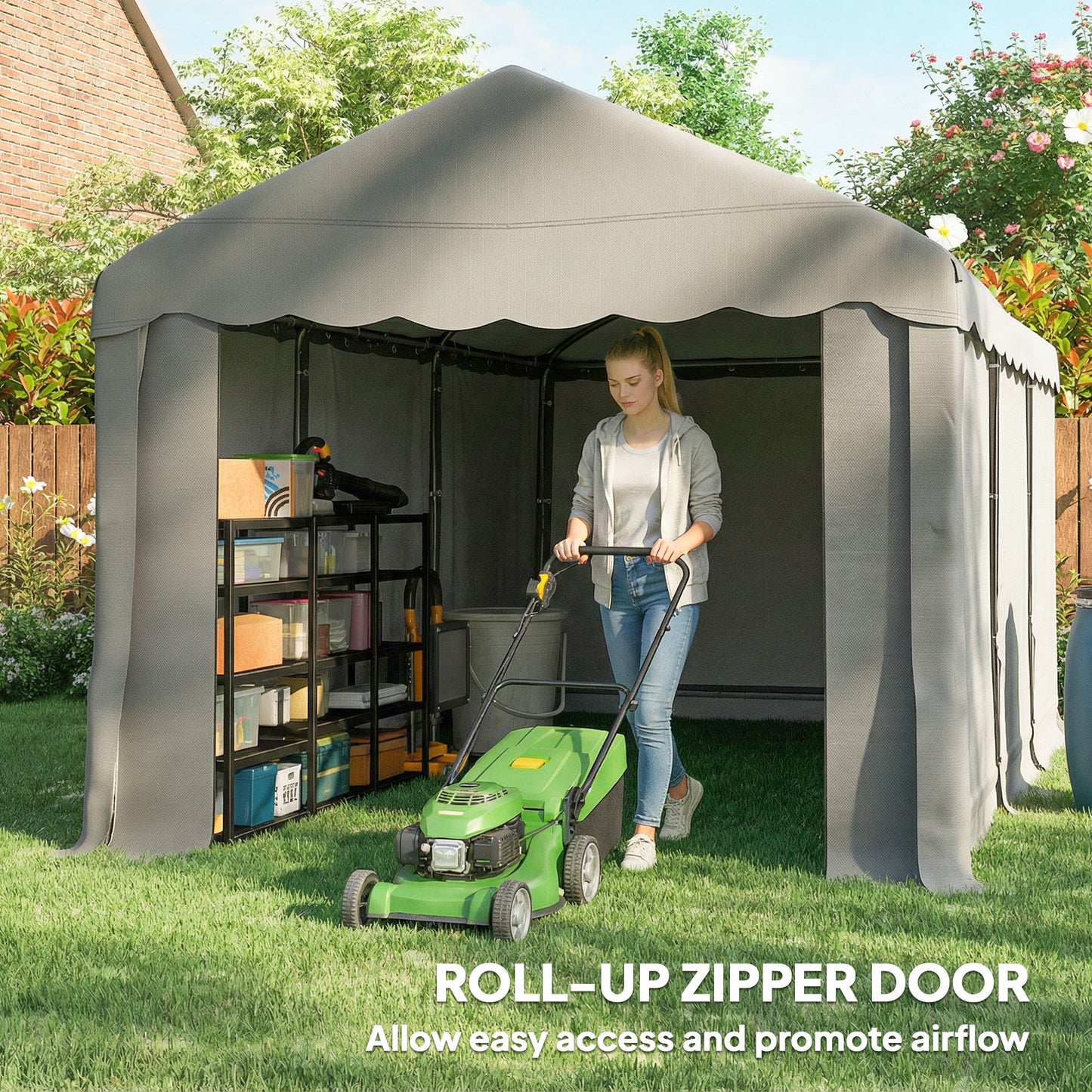 Portable Shed, Outdoor Storage Shed Tent with Roll-up Zipper Door and Removable Sidewalls, Light Grey