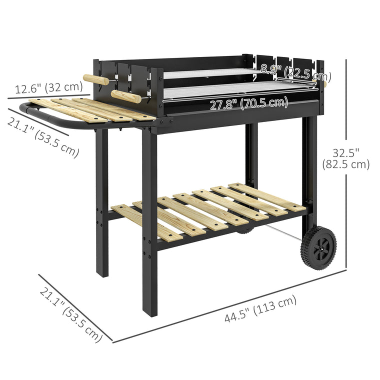 Black Charcoal Grill Trolley with Side Table & Storage Shelf
