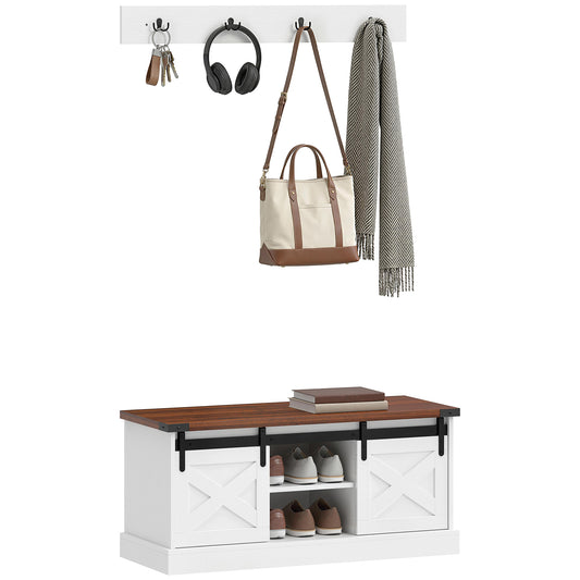2-Piece Hall Tree Shoe Bench Set with Barn Doors - White and Walnut