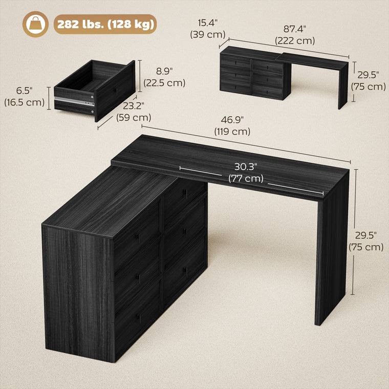 L-Shaped Computer Desk with 6 Drawers