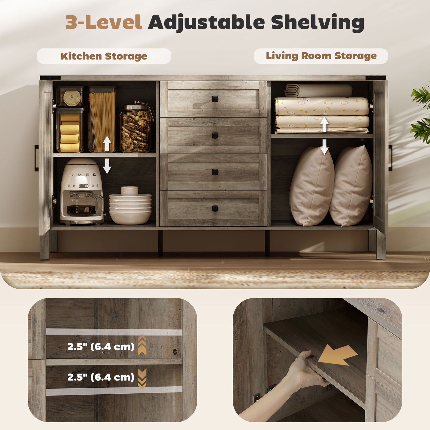 59" Buffet Cabinet, Farmhouse Sideboard with Thick Top, 2 Barn Doors, 4 Drawers and 2 Adjustable Shelves, Grey