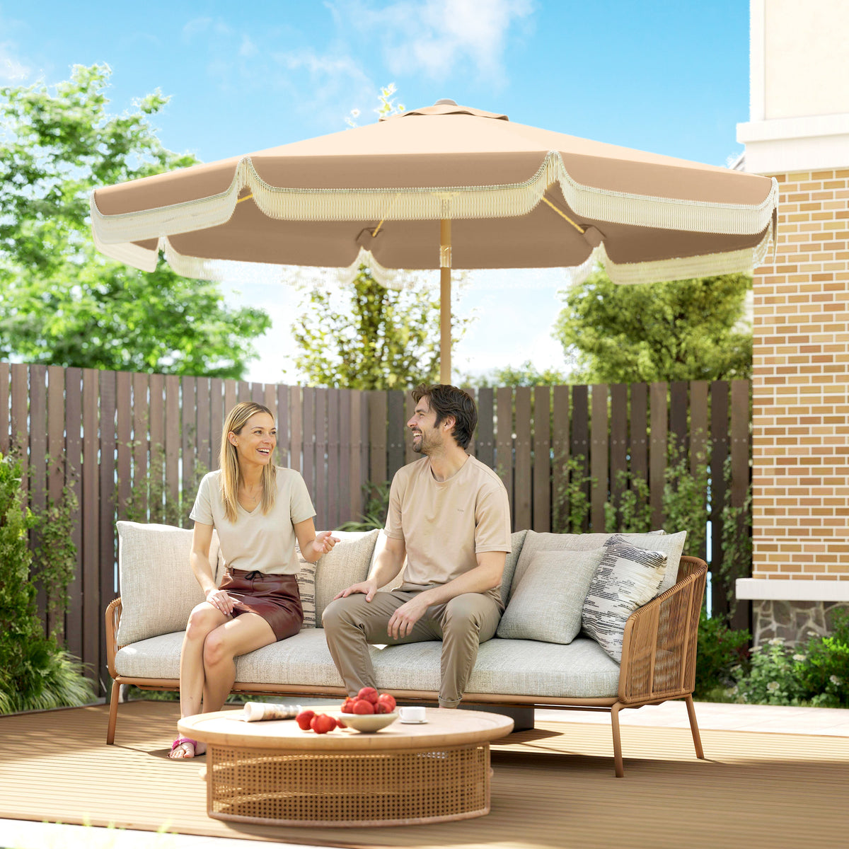 9ft Khaki Fringed Market Table Umbrella with Push Button Tilt