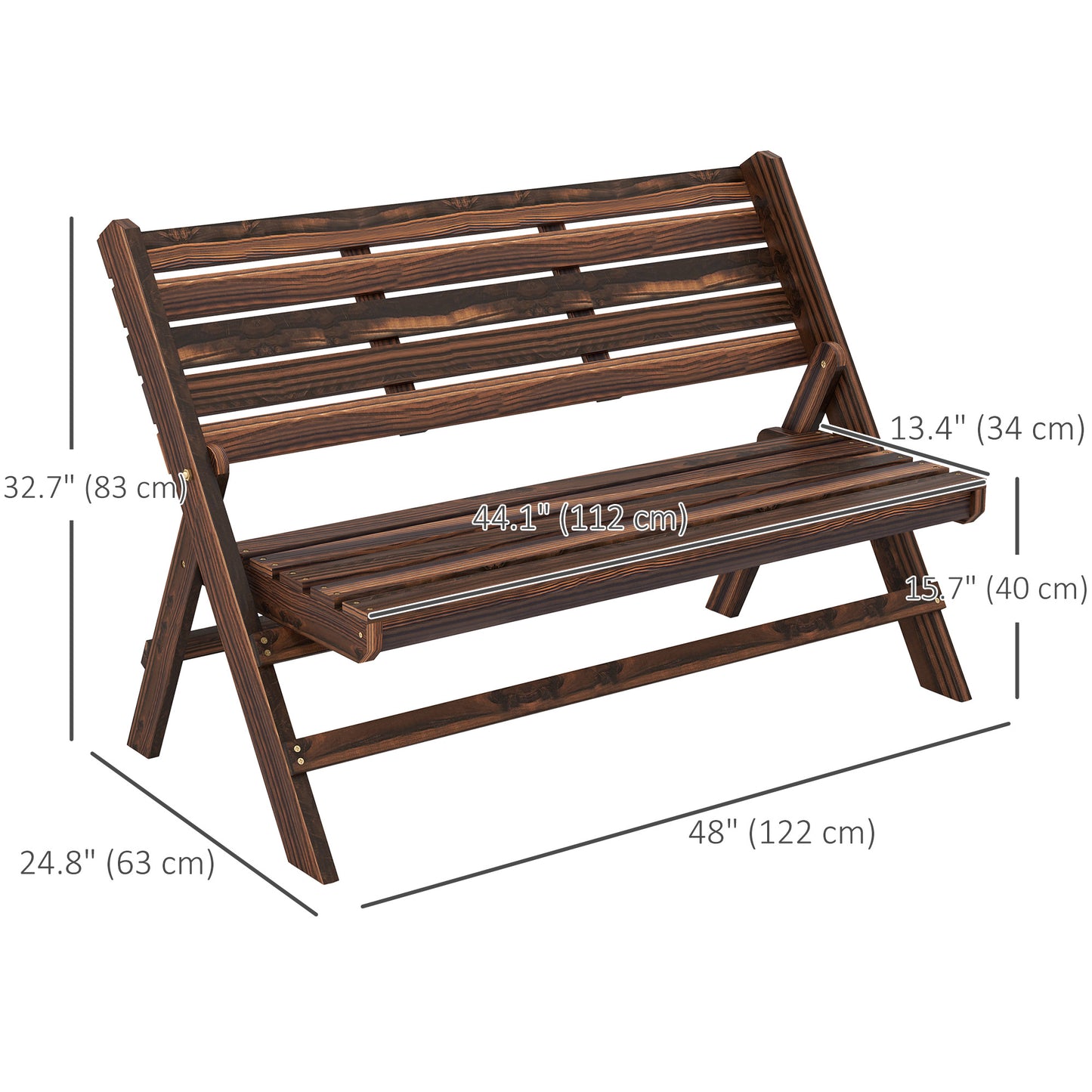 2-Seater Wooden Outdoor Bench, Foldable Garden Bench with Slatted Backrest and Seat, Patio Loveseat, Carbonised Finish
