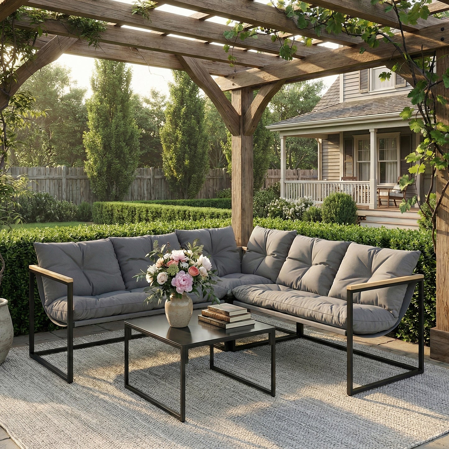 4 Piece Patio Furniture Set with Thick Cushions and Coffee Table, Patio Conversation Set for Porch, Balcony, Deck, Grey