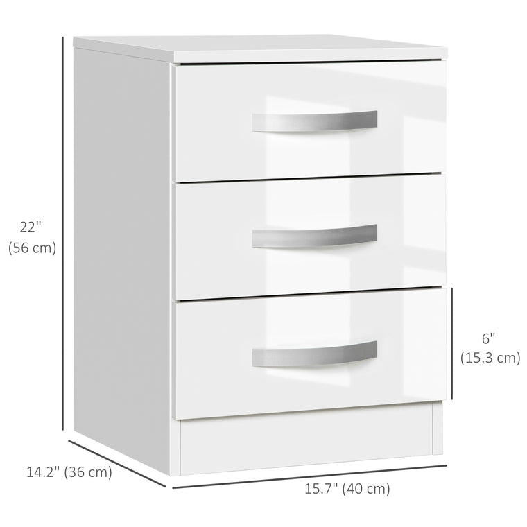 High Gloss Nightstands Set of 2 with 3 Drawers - White