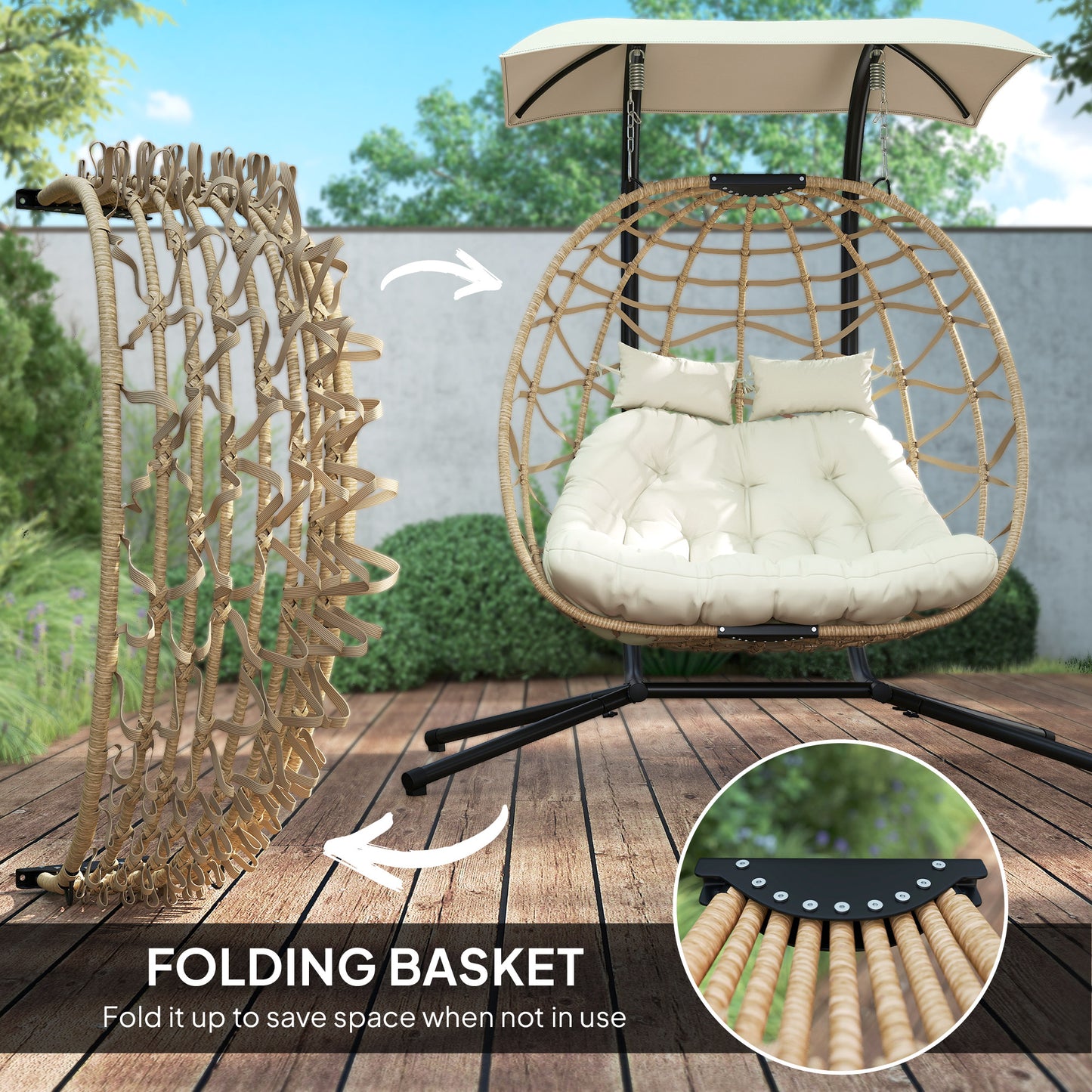 Double Wicker Egg Swing Chair with Canopy, Foldable Hanging Egg Chair with Stand Cushion Headrest, Beige