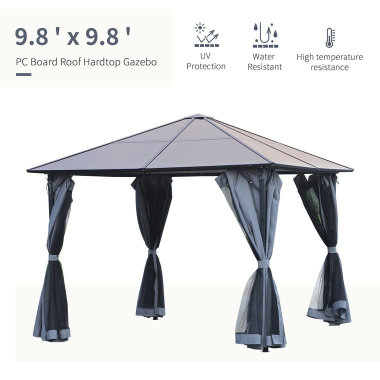 9.8' x 9.8' Grey Aluminum Hardtop Gazebo with Mesh Curtains