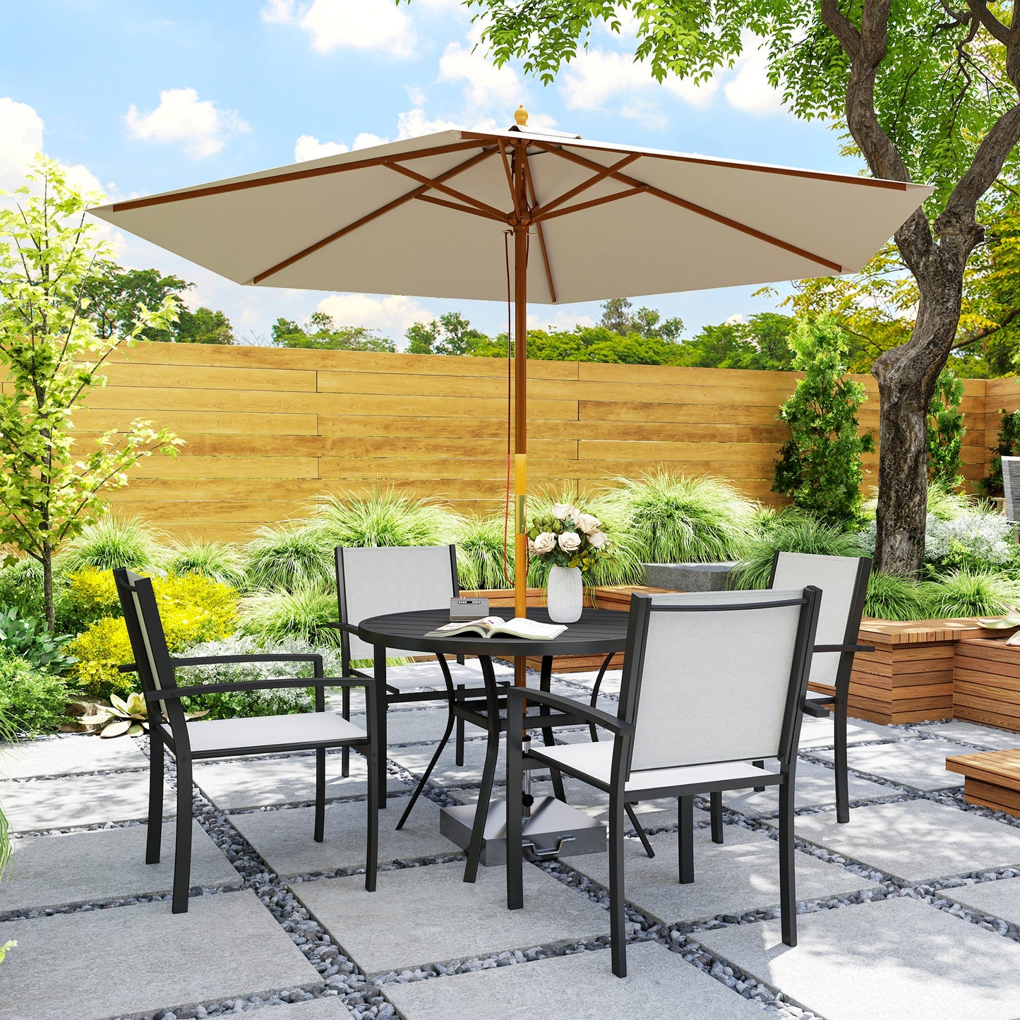 5 Piece Outdoor Dining Set with Round Table and 4 Stackable Chairs, for Backyard, Lawn, Deck, Balcony, Pool Side