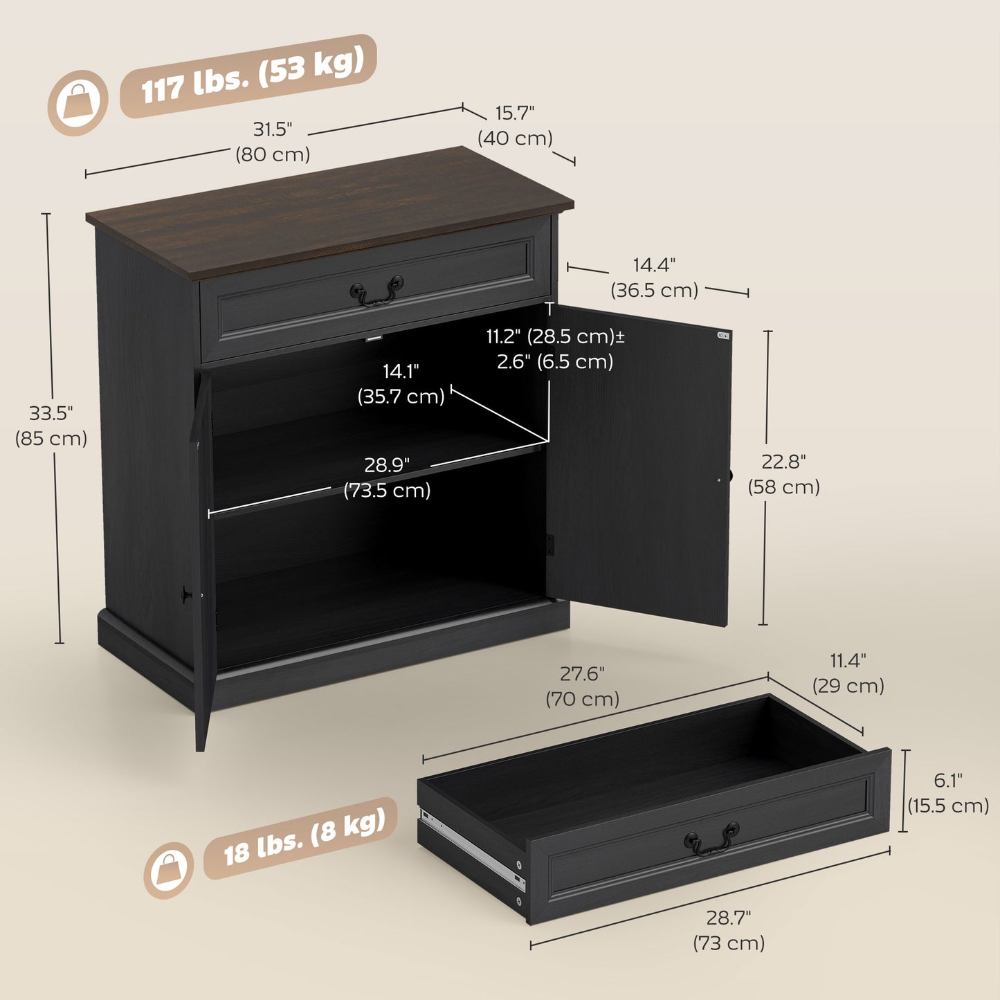 Buffet Cabinet, 32" Farmhouse Sideboard with Thick Top, Quiet Drawer and Adjustable Shelf, Black Wood Grain
