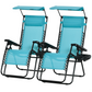 2 Piece Foldable Lounge Chair with Canopy Shade, Outdoor Zero Gravity Chair w/ Side Tray & Cup Holder, Reclining Lounger w/ Breathable Mesh Fabric Seat, Pillow, Sky Blue