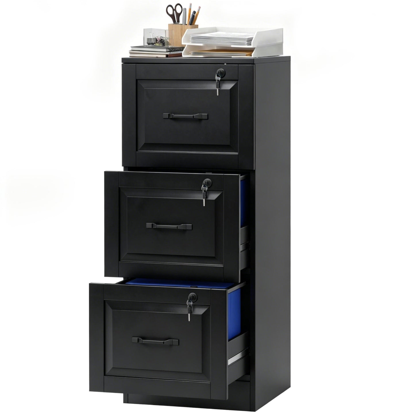 3 Drawer File Cabinet with Lock, Vertical Filing Cabinet with Adjustable Hanging Bars for A4 and Letter Size, Black