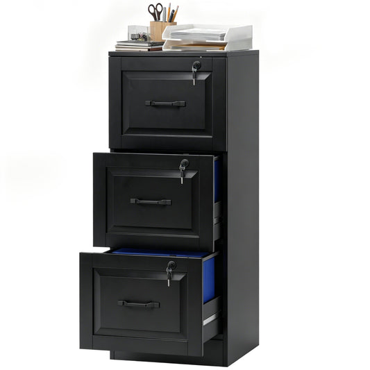 3-Drawer Vertical Filing Cabinet with Lock - Black