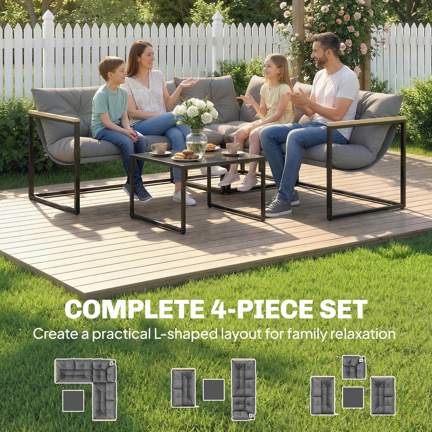 4 Piece Patio Furniture Set with Thick Cushions and Coffee Table, Patio Conversation Set for Porch, Balcony, Deck, Grey