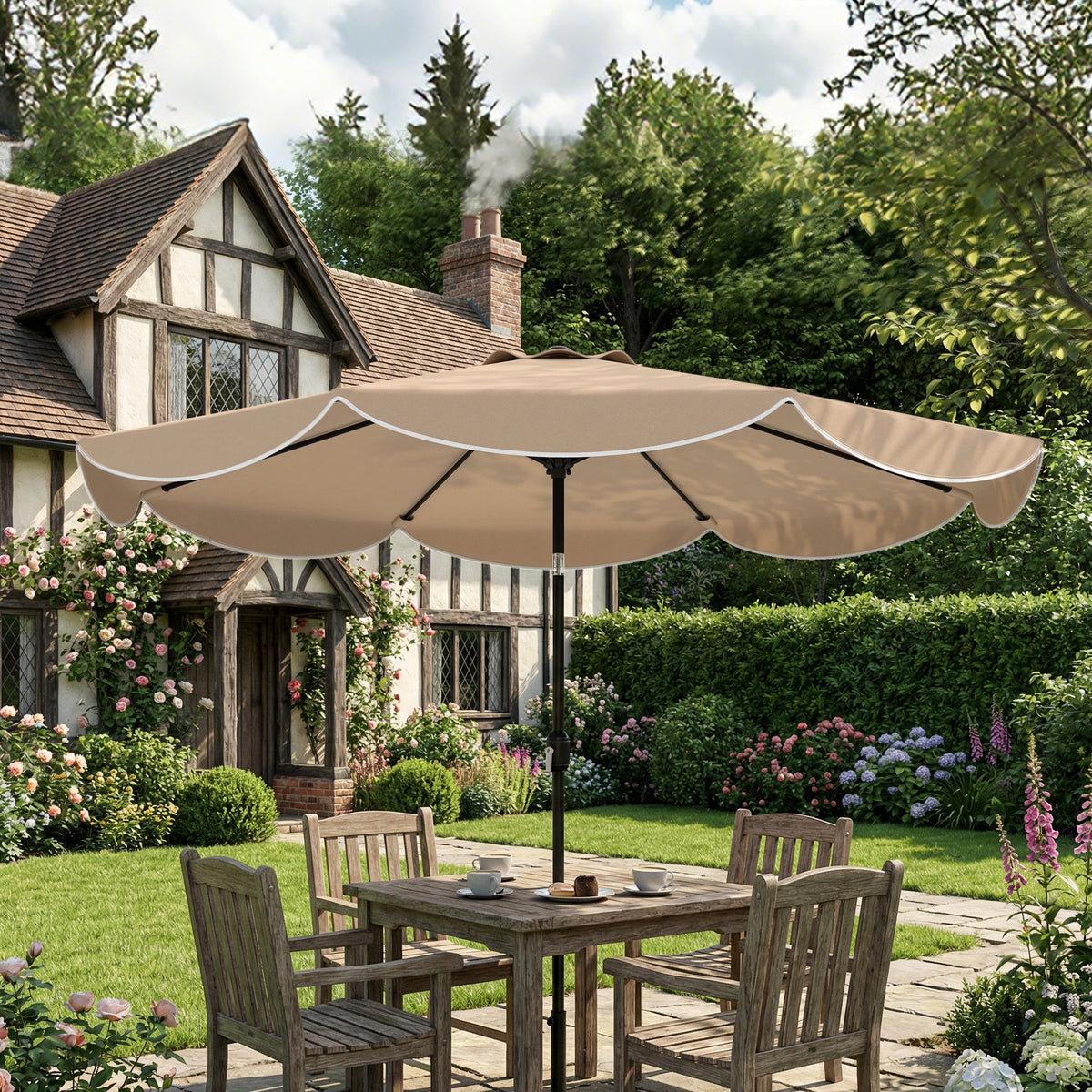 9' x 9' Khaki Round Market Umbrella with Valance & Tilt Crank