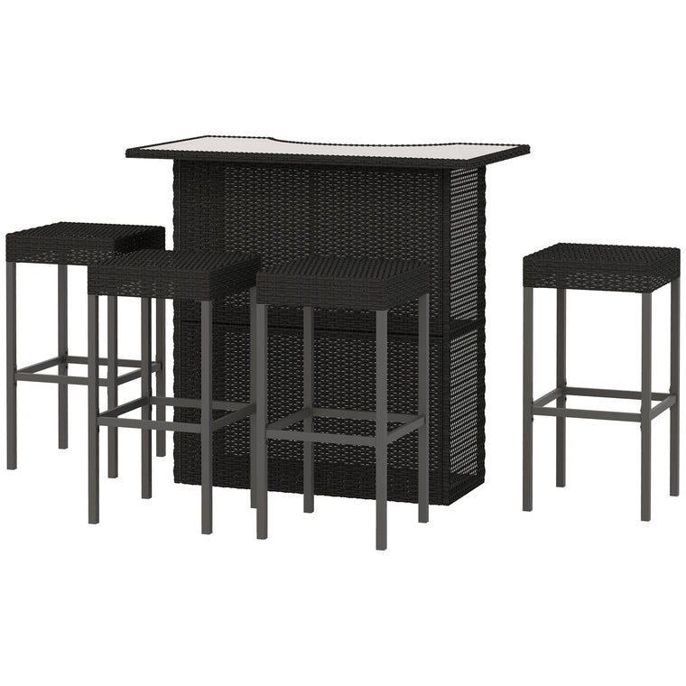 5-Piece PE Rattan Bar Set with Glass Top Table - Black