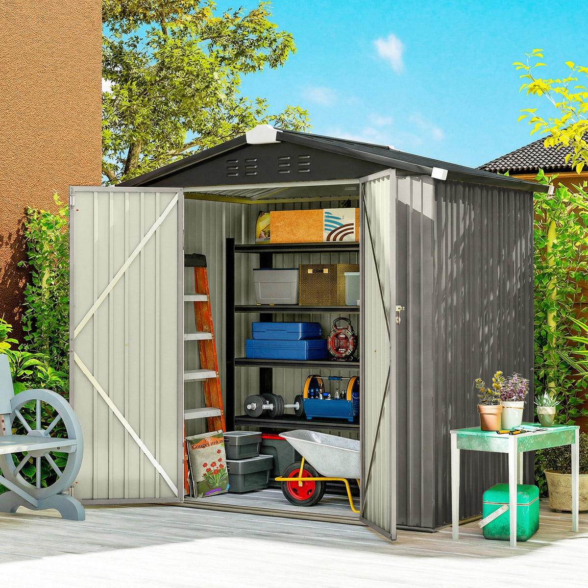 6.5' x 4' Metal Garden Shed with Lockable Doors - Light Grey