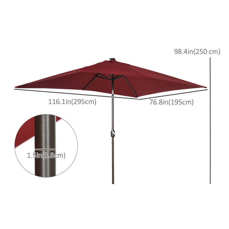 6.5x10ft Wine Red Aluminum Market Parasol with Solar LEDs