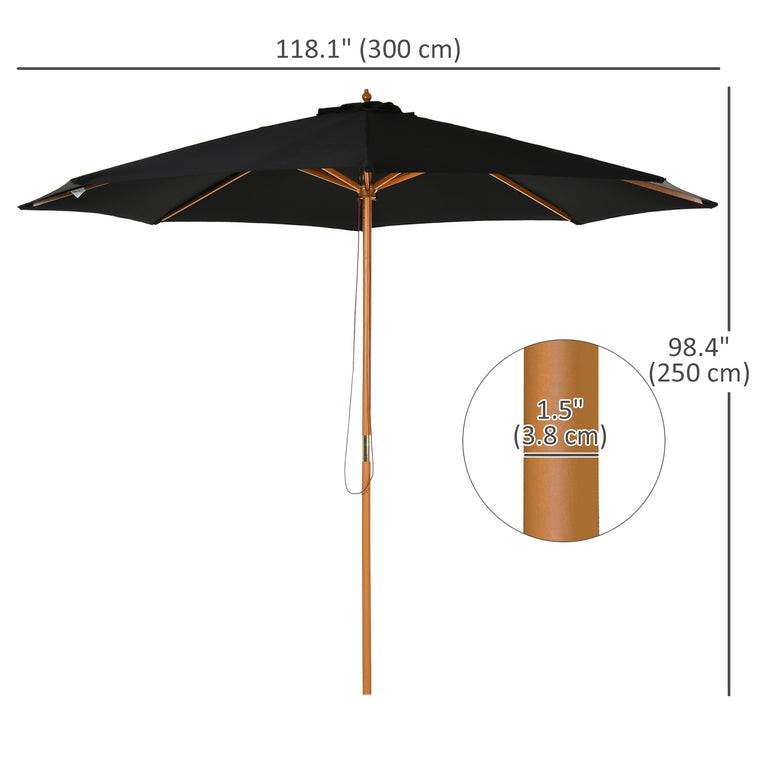 10' x 8' Black Wooden Patio Umbrella with Bamboo Ribs