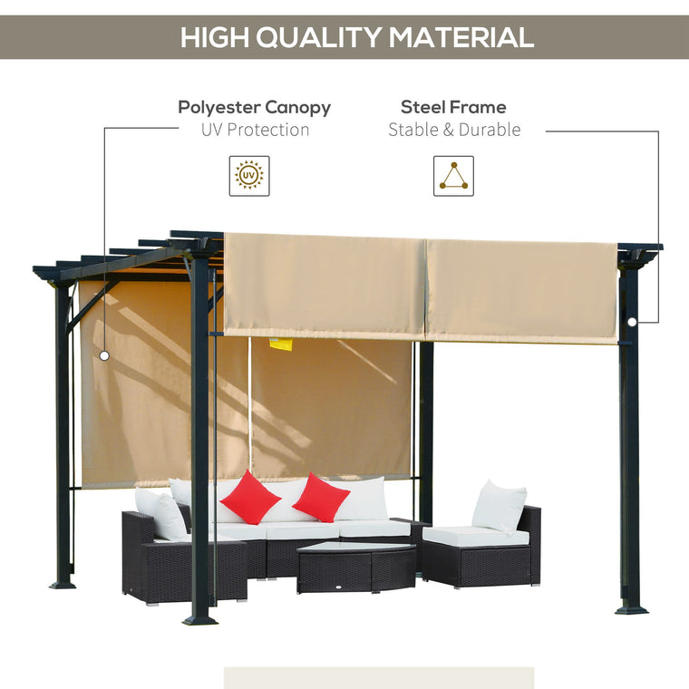 12' x 10' Beige Steel Pergola with Retractable Canopy Roof