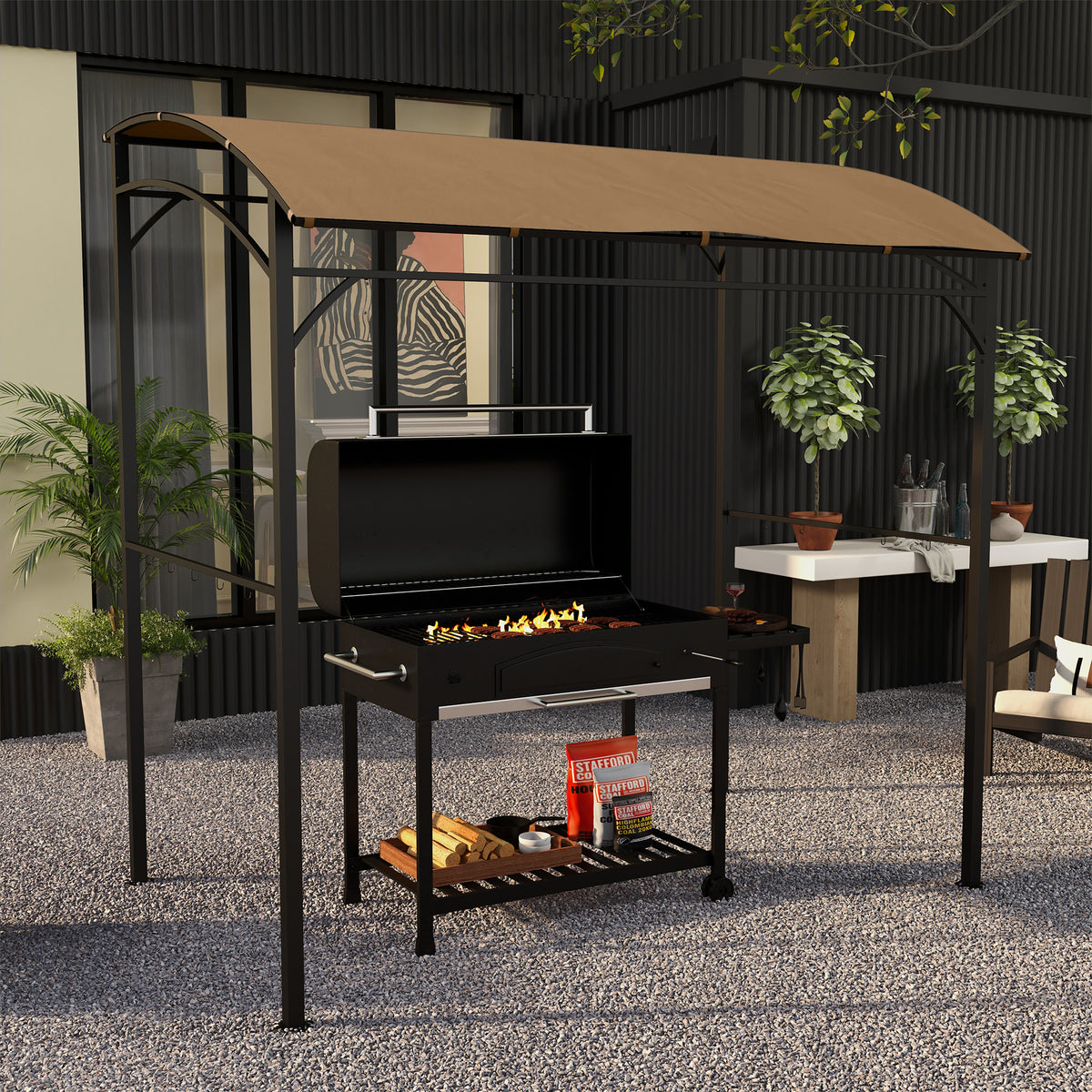 7' x 5' Garden Grill Canopy, BBQ Grill Gazebo Tent with Steel Frame and Hooks, Outdoor Sun Shade, Dark Brown