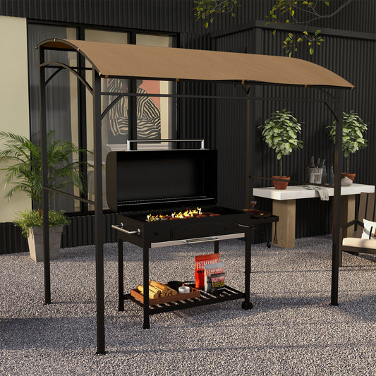 7' x 5' Garden Grill Canopy, BBQ Grill Gazebo Tent with Steel Frame and Hooks, Outdoor Sun Shade, Dark Brown