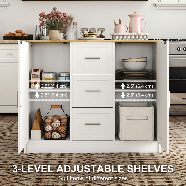 Kitchen Island with 3 Drawers & Storage - White