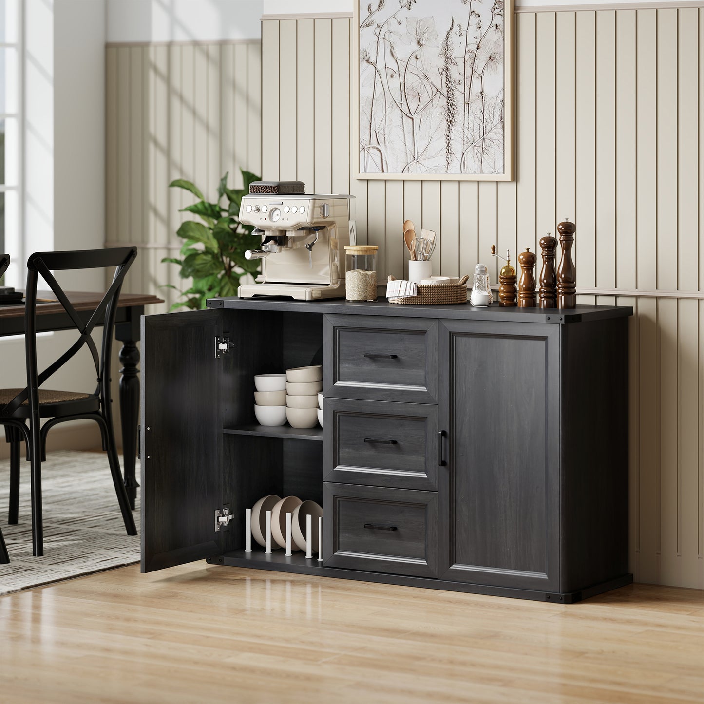 Sideboard with 3 Drawers and 2 Doors, 47" Buffet Cabinet with Adjustable Shelves for Kitchen, Black Wood Grain