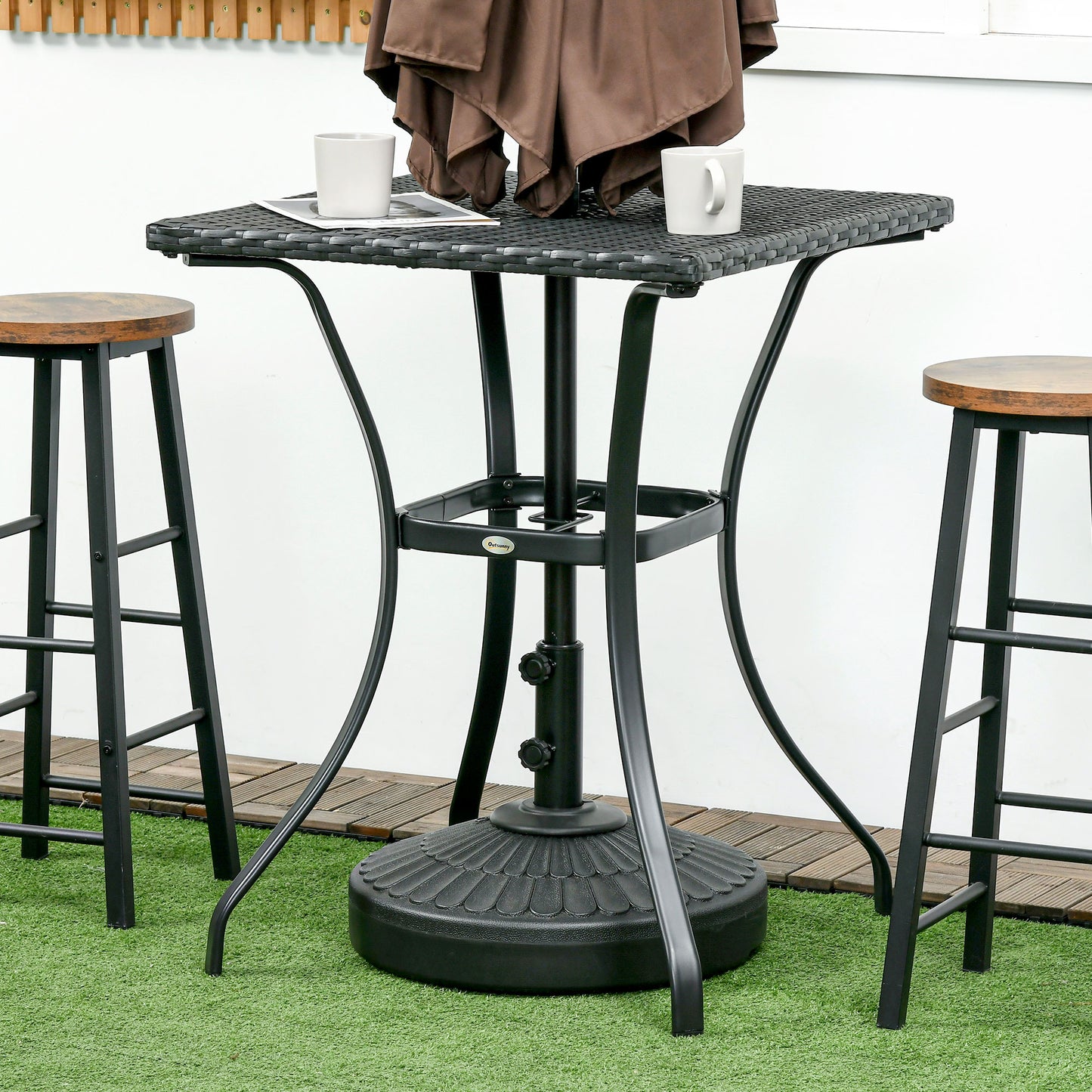Patio Wicker Dining Table with Umbrella Hole, 34 Inch Outdoor PE Rattan Coffee Table with Plastic Board Under the Woven Table Top for Patio, Garden, Balcony, Mixed Brown