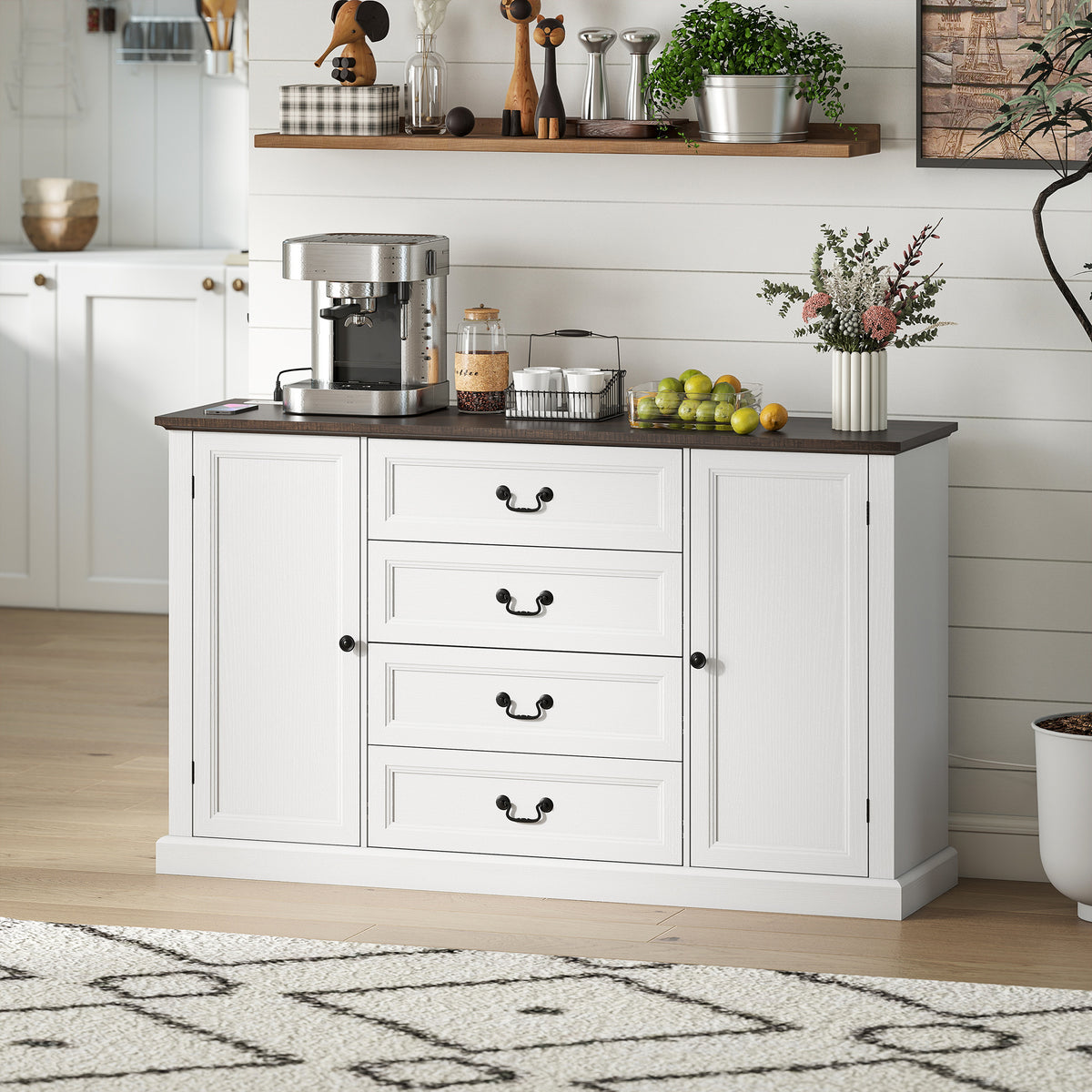 Farmhouse Sideboard with Charging Station, 58" Buffet Cabinet, Kitchen Storage Cabinet with 4 Drawers, 2 Doors, White