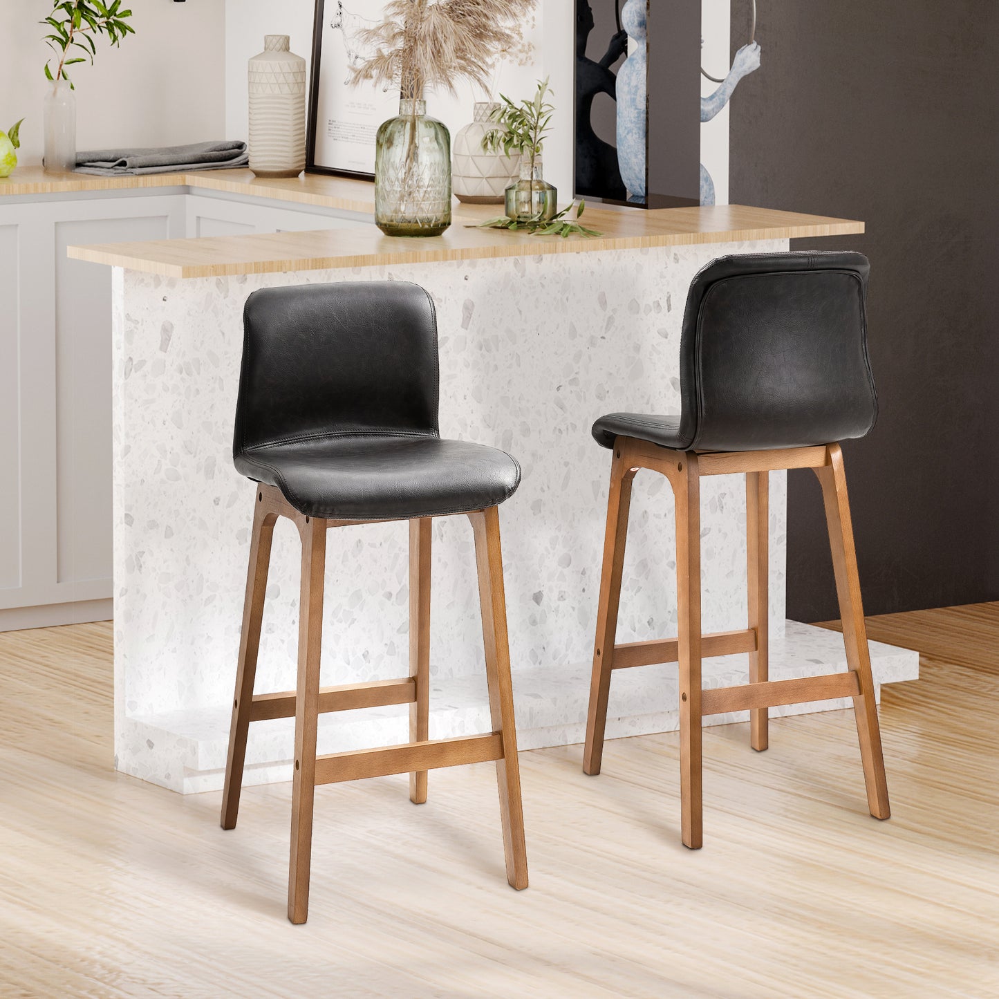 Modern Bar Stools Set of 2, Counter Height Bar Chair with PU Leather Wooden Frame Padding Seats for Dining Room Home Bar, Dark Brown