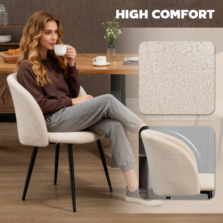 Sherpa Dining Chairs Set of 2 with Steel Legs - Cream White