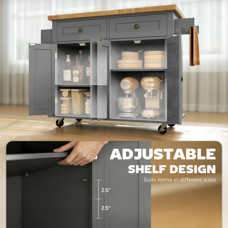 Rolling Kitchen Island with Wood Top and Spice Rack - Grey