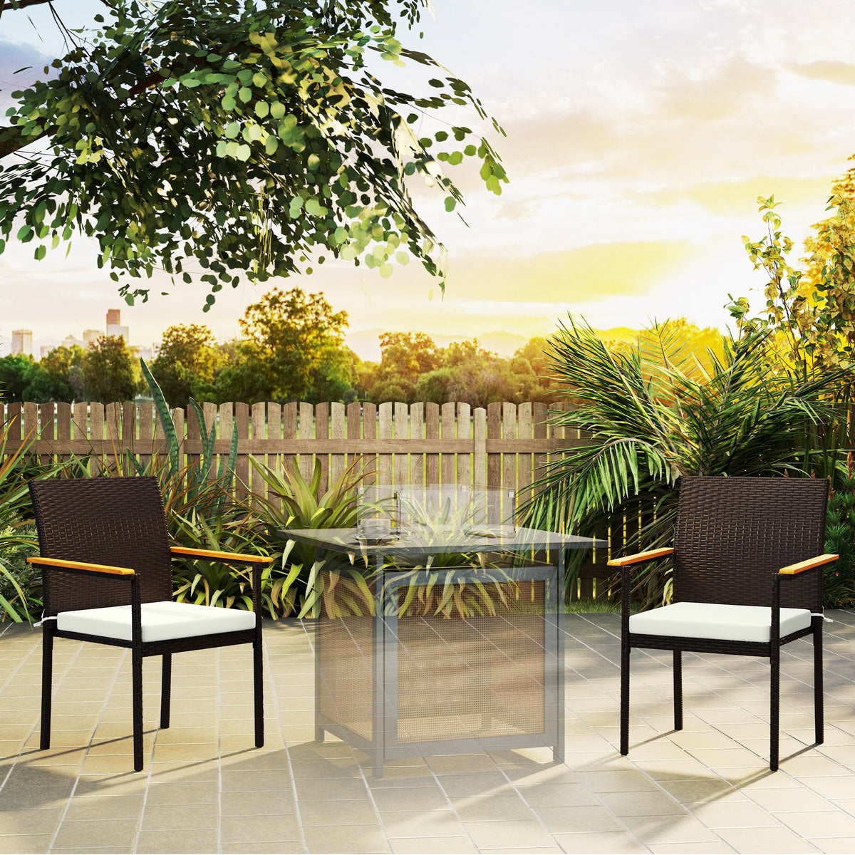 Stackable Wicker Patio Chairs Set of 2 with Removable Cushion, Armrest for Garden, Porch, Yard, Cream White