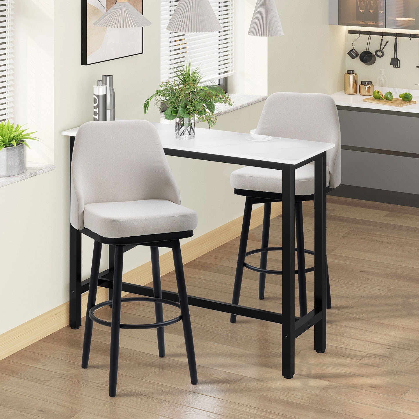 Extra Tall Bar Stools Set of 2, Modern 360° Swivel Barstools, Dining Room Chairs with Steel Legs Footrest, Cream White