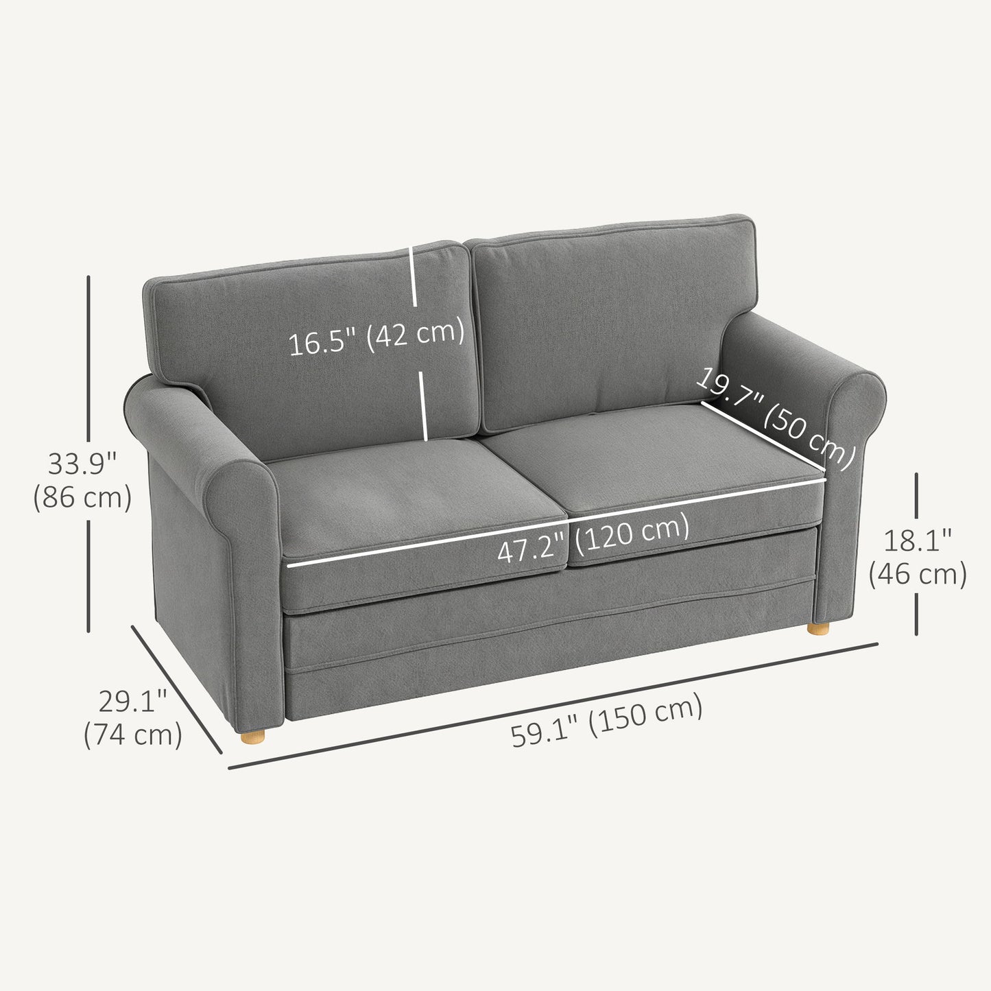59" Loveseat Sofa for Bedroom, Modern Love Seats Furniture, Upholstered 2 Seater Couch with Solid Steel Frame and Beech Wood Legs for Living Room, Med Grey