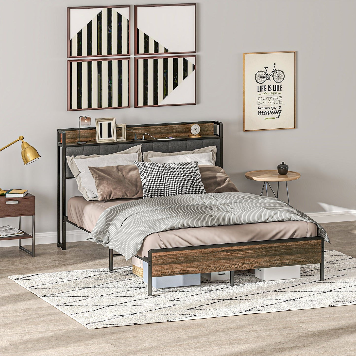 Queen Bed Frame with Charging Station and Storage - Walnut