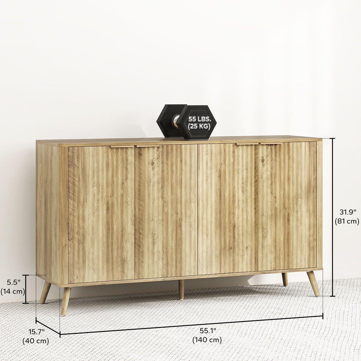 55" Buffet Cabinet, Modern Sideboard with 4 Fluted Doors and 2 Adjustable Shelves for Kitchen, Living Room, White