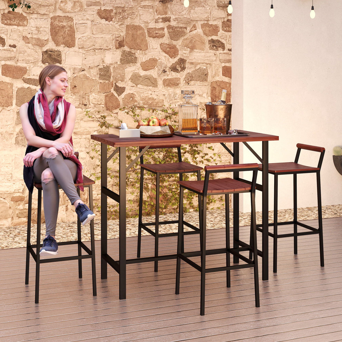 5 Piece Patio Bar Set with 47" Bar Height Table and 4 Bar Stools, for Backyard, Balcony, Porch, Pool, Lawn, Brown