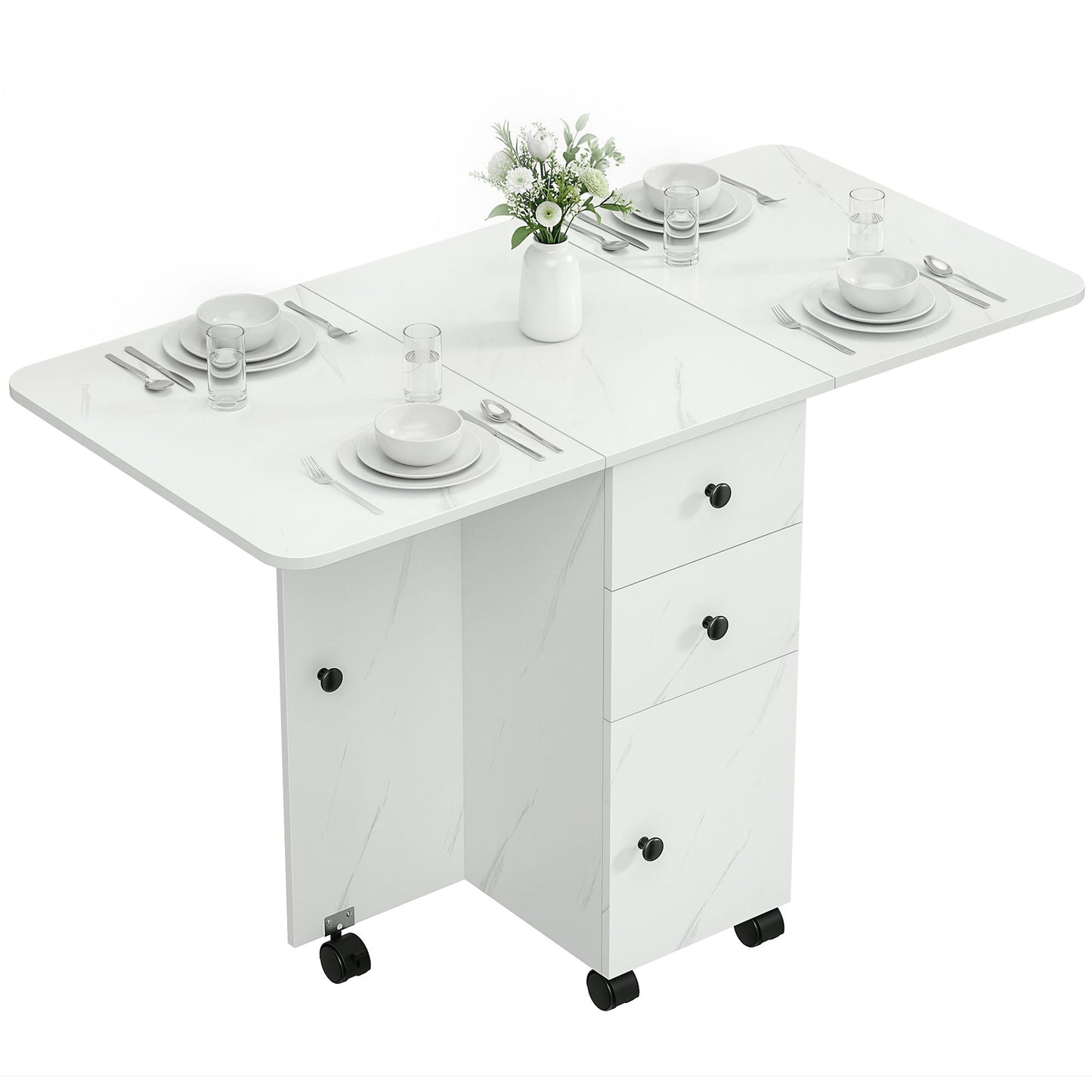 Drop Leaf Dining Table, Mobile Folding Table on Wheels with Drawers and Cabinet for Dining Room, Kitchen, Marble White